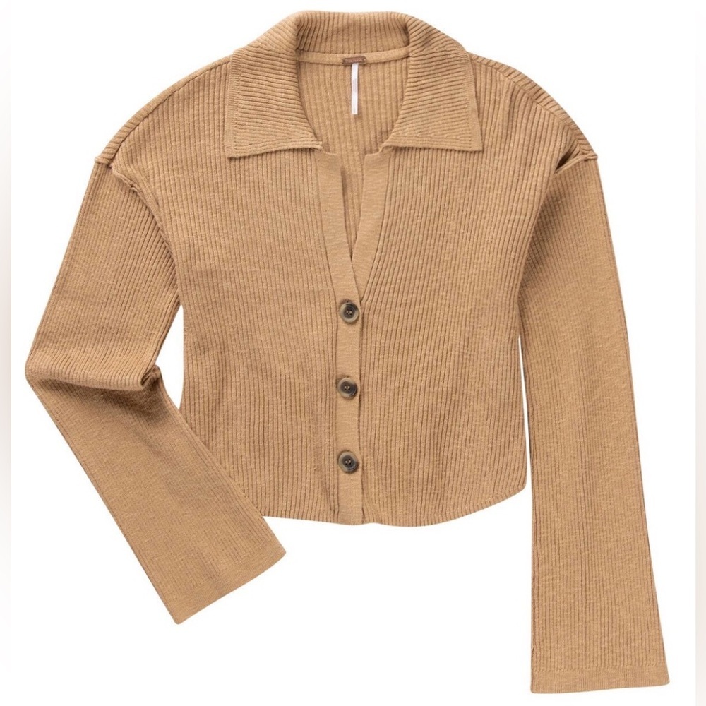 Free People Ella Ribbed Button Down Sweater Cardi in Tan Size S